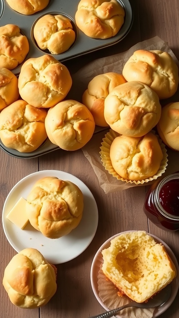 Fluffy golden yeast muffins in a muffin tin, served with butter and jam on a rustic table.
